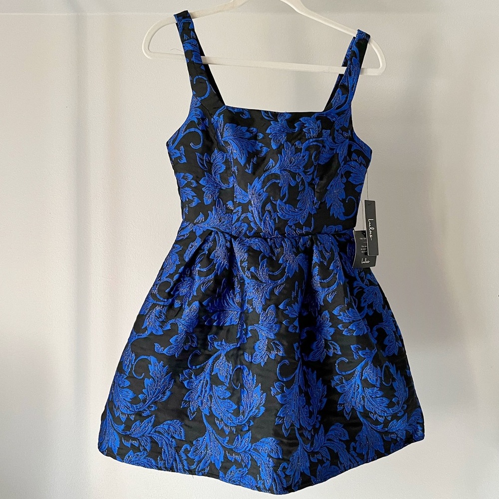 NWT Lulu’s Royal Crush Blue and Black Jacquard Print Skater Dress in XS
